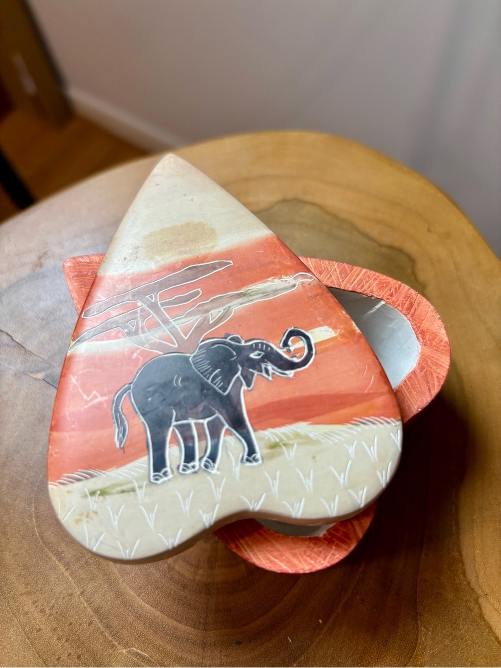 Hand-carved Elephant trunk up soapstone heart-shaped trinket box Kenya Africa